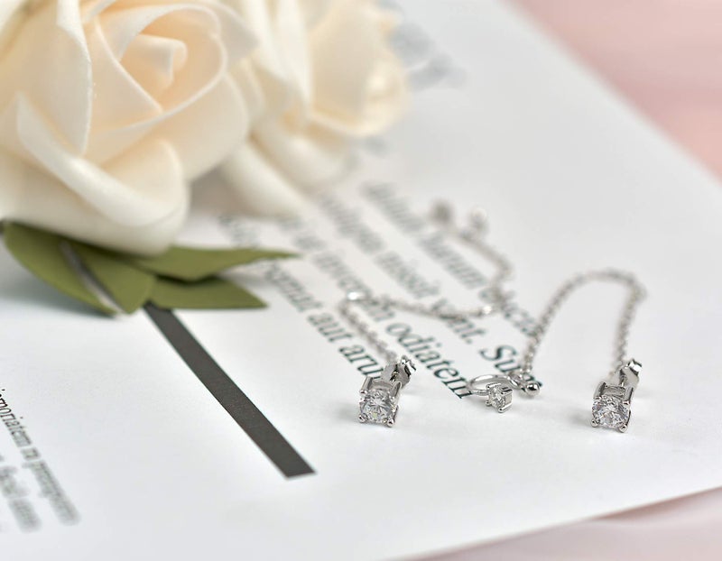 ELEDUCTMON Cubic Zirconia Crystal Ear Cuff Chain - Sterling Silver Hypoallergenic Rhinestones Drop Dangle Earrings - 2 in 1 Gifts for Women - Image 4